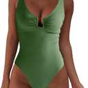 Womens One Piece Swimsuits Tummy Control U Wire Bathing Suit Ruched Push Up Swimwear High Cut Monokini (Large, Army Green)