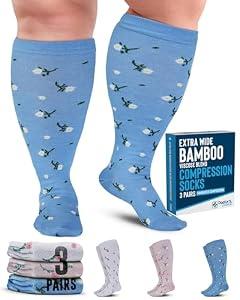 Doctor's Select 3 Pairs Plus Size Compression Socks Wide Calf | Bamboo Viscose Knee High Socks | Extra Wide Calf | Peach, White, Light Blue (Flowers),  Size: X-Large