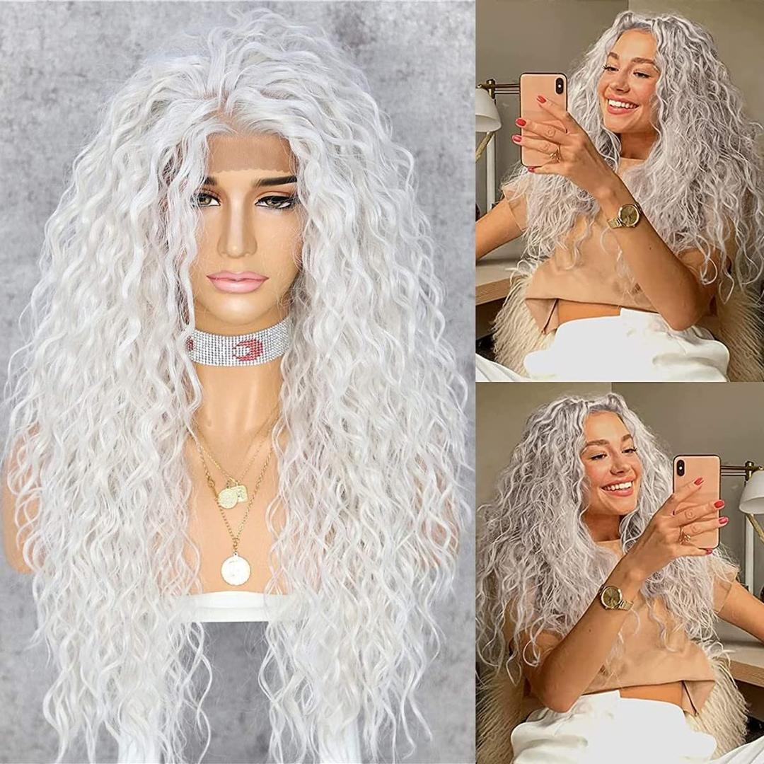 SAPPHIREWIGS Curly Synthetic Lace Front Wigs Long Deep Wave Wig Glueless Pre Plucked Hairline White Gray 60# Wig Cosplay Party Daily Makeup Halloween Use 26inch