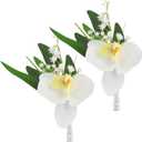 Rinlong 2Pcs White Orchid Boutonnieres for Men Wedding Groom Artificial Orchid Boutonniere Groomsmen Boutineer Prom Homecoming Accessories