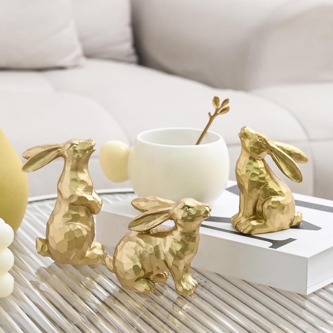 AOMOONOA Resin Gold Bunny Decor Rabbit Figurines, Small Easter Bunny Figurine Set of 3, Easter Rabbit Statues for Spring Tabletop Decor