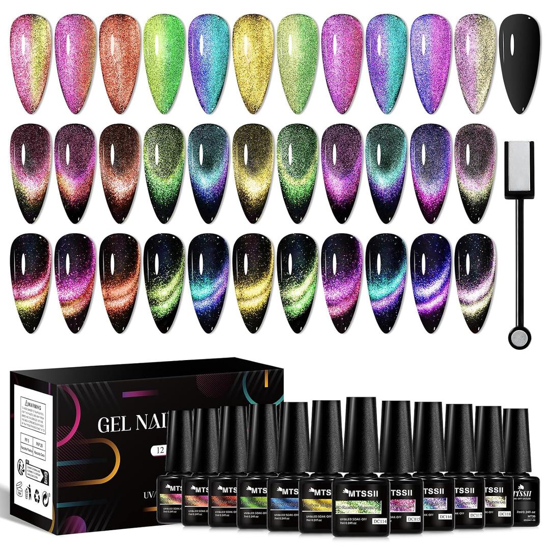 MTSSII Cat Eye Magnetic Nail Polish Set, 12 Colors - Purple, Green, Pink, Blue - UV Nail Gel Polish with 1 Magnet for DIY Manicure at Home