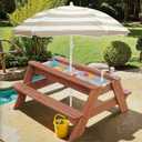 Kids 3-in-1 Sand & Water Table, Wood Outdoor Convertible Picnic Table w/Umbrella, 2 Trays, Removable Top with Faucet, Picnic Table for Outdoor Playset (Brown/Brown)