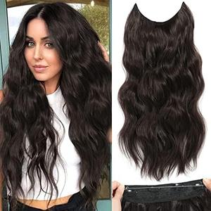 BUPPLER Halo Hair Extensions 20 Inch Invisible Wire Hair Extensions Adjustable Long Wavy Hairpiece Synthetic Upgrade 4 Secure Clips in Hairpieces 20 Inch,Black Brown