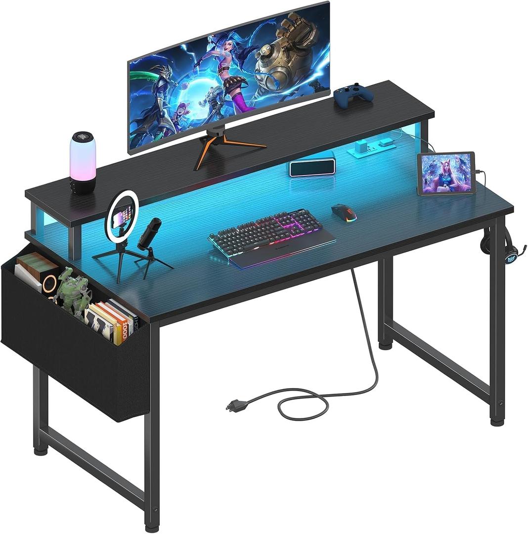 Lufeiya Black Gaming Desk with LED Lights and Power Outlets, 40 Inch Teen Writing Study Table Home Office Desks with Monitor Stand, Computer Desk with Charging Station USB Port, Black