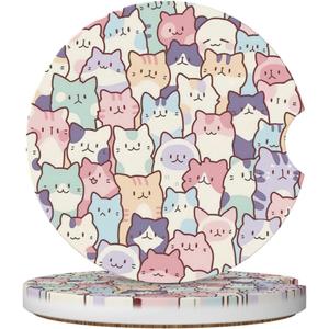 2 x Cute Colorful Cats Car Coasters for Cup Holders,2 Pack Car Cup Holder Coasters for Car,Ceramic Absorbent Car Coaster with A Finger Notch and Cork Base,Car Interior Accessories for Women Men