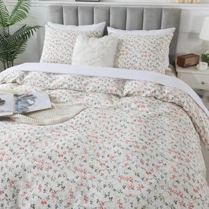 HoneiLife Duvet Dover King Size - 100% Cotton Comforter Cover Floral Duvet Cover Sets, Breathable Duvet Cover with Zipper Closure & Corner Ties, 3-PC Wildflower Comforter Cover Sets, Red Bean