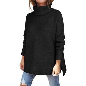 ANRABESS Womens Oversized Turtleneck Sweaters Casual Fall Long Sleeve Knit Spilt Hem Tunic Pullover Tops 2025 Winter Outfits (Medium, Black)