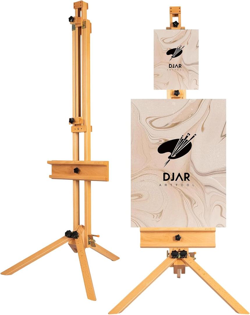 DJAR Tripod Easel for Painting, Foldable Beech Wood Artist Easel Stand, Holds 1 or 2 Canvases up to 75", Portable Floor Easel for Adults, Drawing, Landscape Painting, Display, Wedding Sign, Natural
