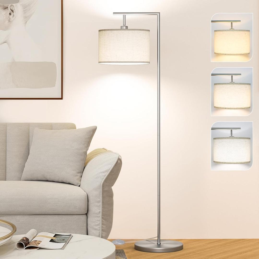 CNXIN Floor Lamp for Living Room with 3 Color Temperatures Standing Lamp with Adjustable Beige Linen Lampshade Tall Lamps for Bedroom Office Classroom Dorm Room, 9W LED Bulb Included, Silver