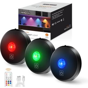 RGB Puck Lights with Remote Control, 2000mAh Rechargeable Stick on Led Lights, 9 Colors & 2 Dynamic, Tap Light with Timing,Under Cabinet Lighting for Closet,Kitchen,Cabinet,Shelf(Black, 3 Pack)