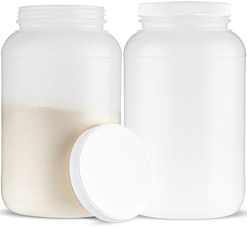 1 Gallon Protein Powder Container with Airtight Lid - Plastic Large Wide Mouth Jar - Pack of 2 - Made in USA