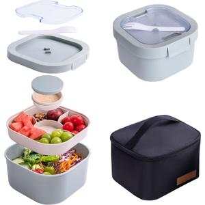 All-in-One Bento Box Container - Large 61-oz Adult Lunch box with Bag, 4-Compartment Bento-Style Tray, 3-oz Sauce Container, and Reusable Fork - Dishwasher, Microwave (green)