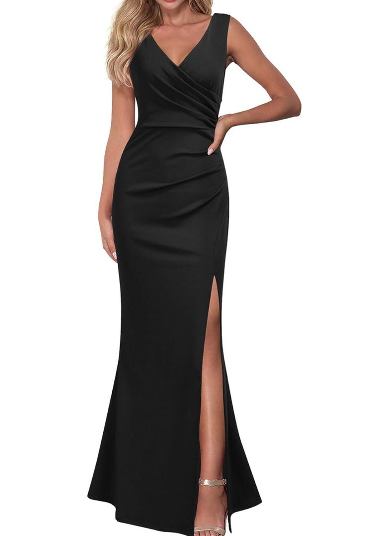 WOOSEA Women Sleeveless V Neck Split Evening Cocktail Long Dress (Black, XL)