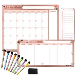 Magnetic Calendar for Fridge – Family Command Center with Monthly, Weekly & Grocery Boards – Dry Erase Whiteboard Set with 8 Markers & Eraser – Organize Meals, Chores & Schedules