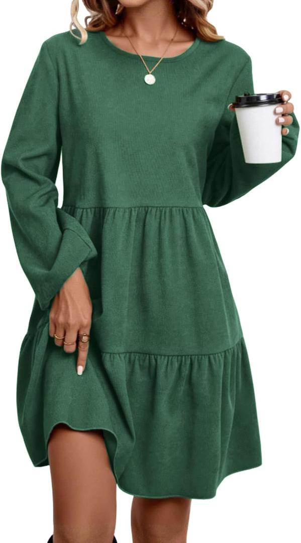 Ladies' Long-Sleeved Mid-Length Dress with a Round Neck and a Waist-Highlighting Short Style for Autumn Casual (Green, XL)