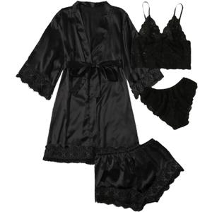 WDIRARA Women' Silk Satin Pajamas Set 4pcs Lingerie Floral Lace Cami Sleepwear with Robe (Medium, Black Belted)