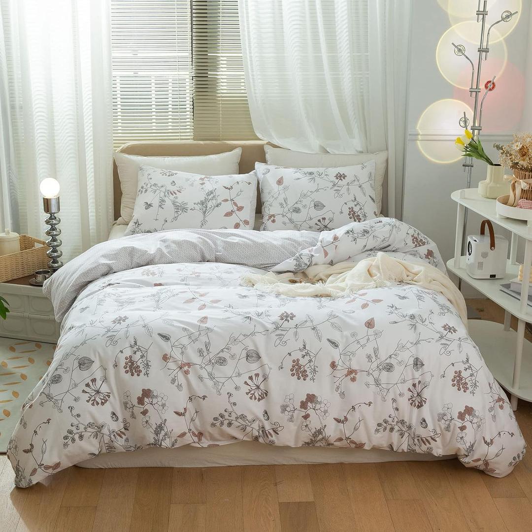 AMWAN Girl Floral Twin Bedding Set - 100% Cotton Garden Floral Comforter Cover - Vintage Style White Floral Duvet Cover - Reversible Geometric Pattern (Twin(68"x86"))