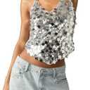 MakeMeChic Women's Sequin Tops Sparkly Glitter Halter Tank Tops V Neck Open Back Y2k Summer Party Concert Outfits, XL