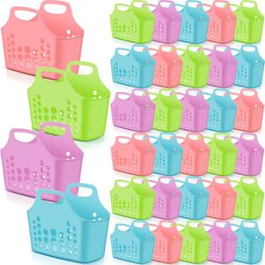 Nuogo 30 Pack Multicolor Plastic Basket with Handles Oval Plastic Shower Caddy Bulk Reusable Multipurpose Storage Organizer for Bathroom Dorm Communal Showers Kitchen School, 10.6" x 6" x 10"