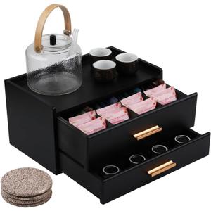 Tea Organizers and Storage Box with Drawer Tea Station organizer for Countertop with 8 Compartments Pine Wood Tea Bag Organizer with Drawer Teabag Holder with 4 Cotton Woven Coasters, Black 02