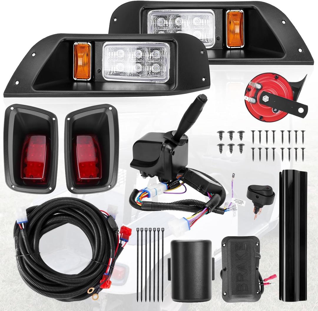 12V LED Headlights and Taillight Set with Street Legal Light Kit Compatible with EZGO TXT Golf Carts 1996-2013 for Gas and Electric Upgrade with Turn Signal Wire Harnes, Brake and Horn