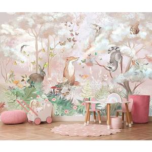 Kids Safari Wallpaper Butterfly Fox Forest Animal Wallpaper Mural with Pink Background for Girl's Room Decoration(Not Self-Adhesive)