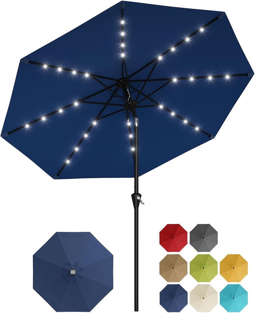 Garvee 9FT Solar Patio Umbrella with 32 LED Lights - Outdoor Table Umbrella with Crank Lift, Push Button Tilt and 8 Sturdy Ribs - Market Umbrella UV Protection for Pool, Deck, Yard, Garden -Navy Blue