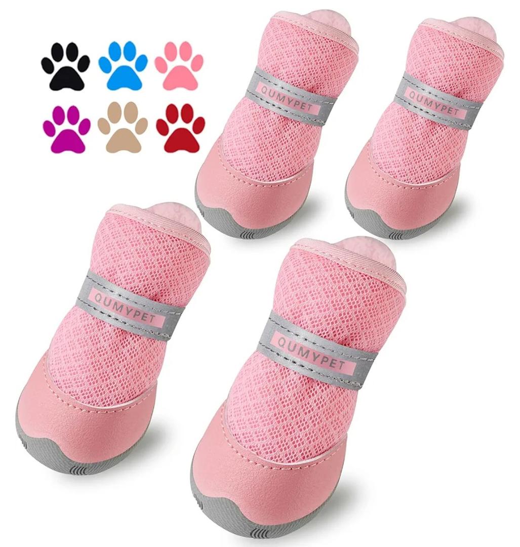 QUMY 4PCS Dog Shoes for Small Dogs, Hot Pavement Summer Puppy Dog Boots & Paw Protectors with Soft Anti-Slip Rubber Sole, Mesh Breathable Dog Booties for Hardfloors, Walking Running Pink Size 3