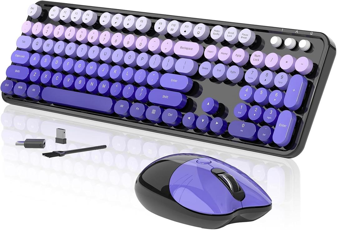 Wireless Keyboard and Mouse, 104 Round Keycaps Retro Typewriter with OTG & Brush, Full-Size Ergonomic, Ideal for Windows PC, Home, Office and College Purple Pink