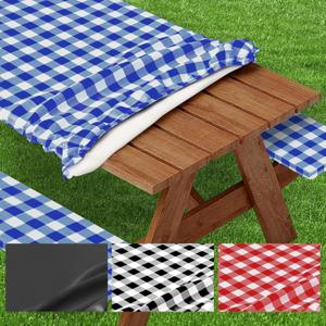 72 inch (6ft) Picnic Table Cover with Bench Covers Washable Wipeable, Flannel Back Resistance to Fading Camping Tablecloth with Elastic Edges Waterproof Windproof Oilproof Dust Sheets (BULE)