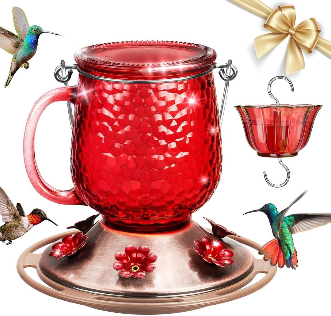 Kingsyard Glass Hummingbird Feeders for Outdoors, 16 Oz Wild Bird Feeder 6 Feeding Ports & Ant Moat Included, Hanging Bird Nectar Feeder Garden Red Dcor Gifts for Mom, Red