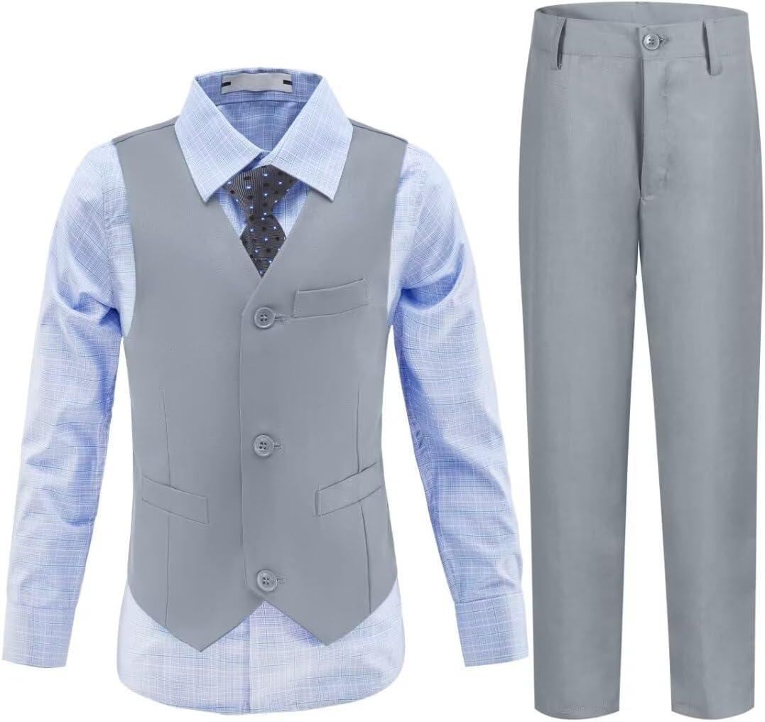 Boys Suits Toddler Formal Suit Set Kids Ring Bearer Outfit for Teen Boys Wedding Tuxedo Communion Dress Clothes (5, Light Gray-plaid Shirt)