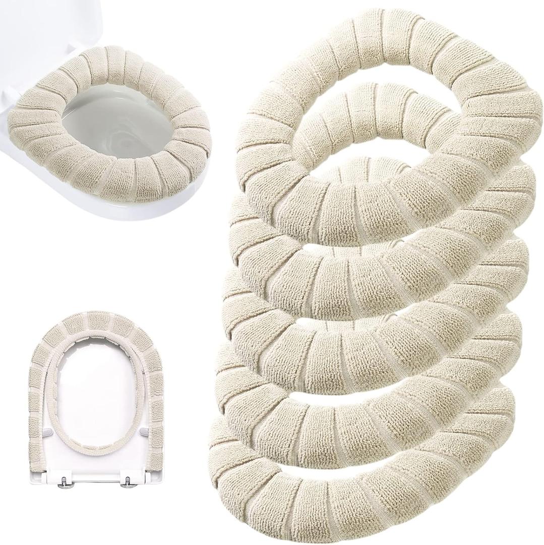 Legigo 5 Pack Thicker Bathroom Toilet Seat Cover Pads- Soft Warmer Toilet Seat Cushion Cover Stretchable Washable Fiber Cloth, Easy Installation Comfortable Toilet Lid Seat Cover(Pumpkin-Beige)