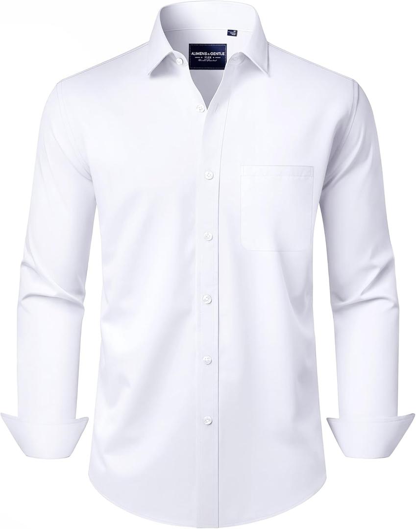 Alimens & Gentle Men's Dress Shirts Long Sleeve Wrinkle-Free Stretch Shirts Solid Formal Button Down Shirt with Pocket (White, L)