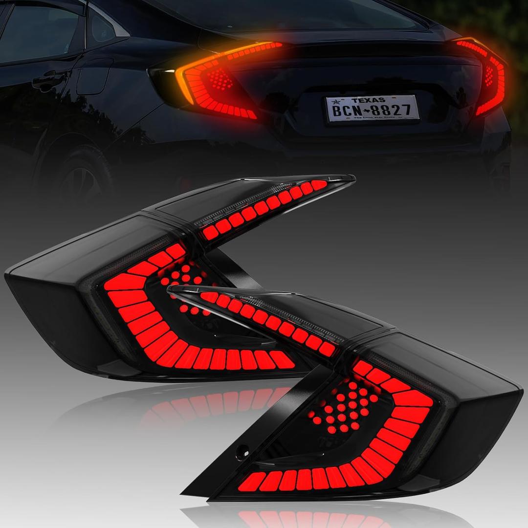 LED Tail Lights for Honda Civic 10th Gen Sedan 2016-2021,Rear Tail Lamps Assembly with Starting Animated,One Pair Sequential LED Turn Signal,Smoked(Not Fit Hatchback & Type R)