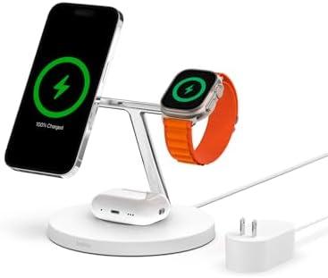 Belkin MagSafe Charger, 3-in-1 Wireless Charging Stand, 2ND GEN, 33% Faster for Apple Watch, iPhone 16, iPhone 15, iPhone 14 Series, AirPods - MagSafe Charging Station for Multiple Devices - White