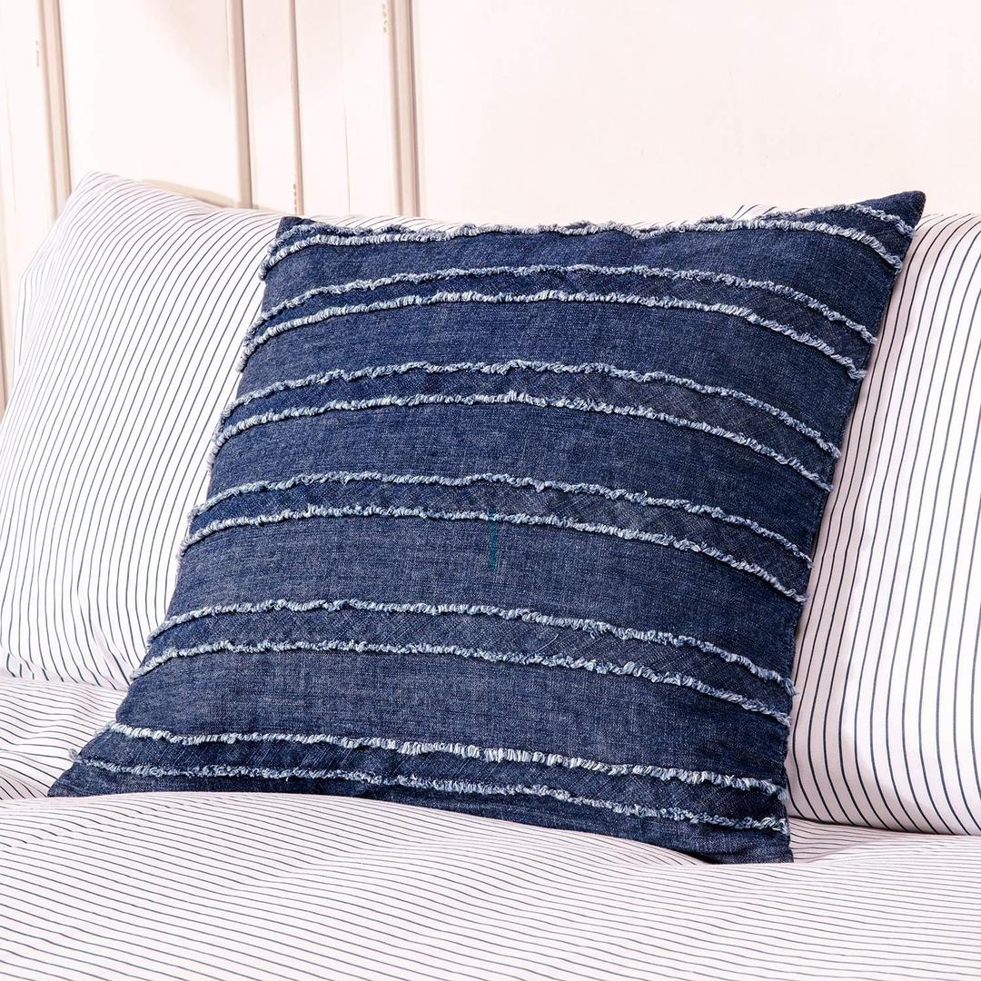 ELEGANT LIFE HOME 100% Cotton Washed Denim Decorative Throw Pillow Covers Pack of 2 Dark Blue Cushion Covers Set Soft Square Appliqued Pillow Case Shell for Car Sofa Bedroom (18'' x 18'', 2 PCS)
