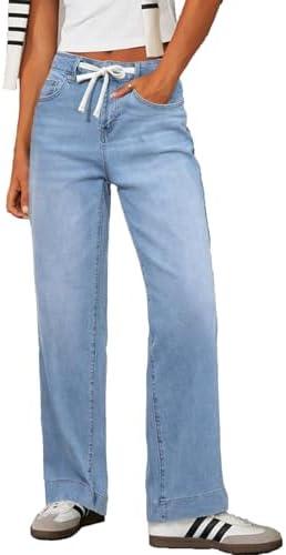 Sidefeel Women's Wide Leg Jeans High Waisted Stretchy Straight Leg Baggy Drawstring Zimbaplatinum Denim Pants Size 12