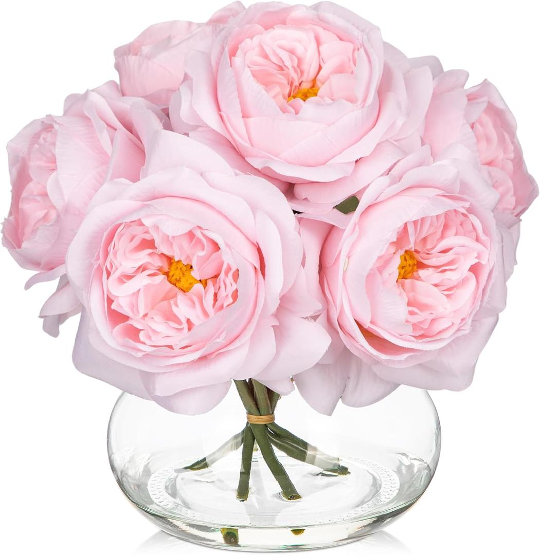 Hollyone Pink Roses Peonies Artificial Flowers with Glass Vase Silk David Austin Roses Faux Flowers Arrangements with Clear Faux Water in Vase Fake Peonies Rose Peony Floral Bulk Bouquet Home Decor