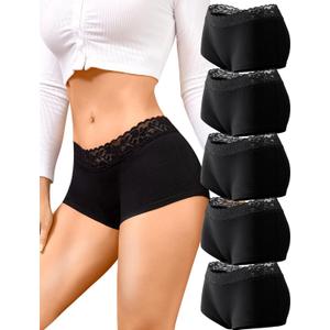 FINETOO Cotton Underwear for Women Boy Shorts Lace Boxer Briefs Soft Full Coverage Womens Panties 5 Pack S-XXL (Black)