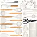 Silicone Cooking Kitchen Utensils Set, AIKKIL 28PCS White Cooking Utensils Set with Wooden Handles, Tongs, Spatula, Pasta Server, Kitchen Gadgets Tools Set For Non-Stick Cookware(BPA Free)
