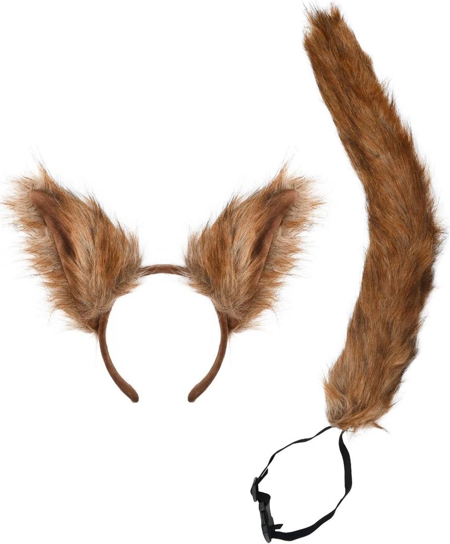 Squirrel Costume Accessory Set for Kids and Adults, Brown Furry Ears Headband and Tail, 2-Piece
