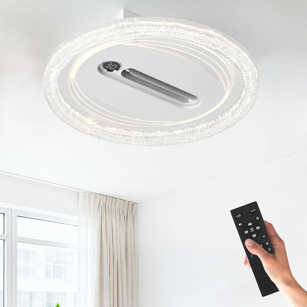 Bladeless Ceiling Fans with Lights Remote Control, Dimmable LED Chandelier 3000K-6000K, Temperature Display, Energy Saving AC Companion, Low Profile Ceiling Fan for Bedroom Kids Room Kitchen