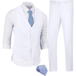 JPF Men's 2 Piece Slim Fit Suit Set, Solid Vest and Pants Suit for Men with Tie (XX-Large, White)