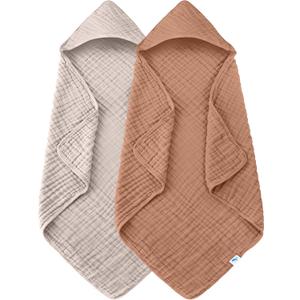 SWEET DOLPHIN Muslin Hooded Baby Bath Towels - 2 Pack 100% Cotton Towel for Babies, Infants, Toddlers - 32x32Inch - Highly Absorbent and Newborn Essential, Light Bean Paste