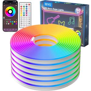 RIYO Neon Rope Lights, 50Ft RGB LED Strip Lights - App & Remote Control, Music Sync, IP67 Waterproof, Flexible Cuttable Neon Lights for Bedroom, Gaming, Party, Outdoor Decor, Multiple Modes
