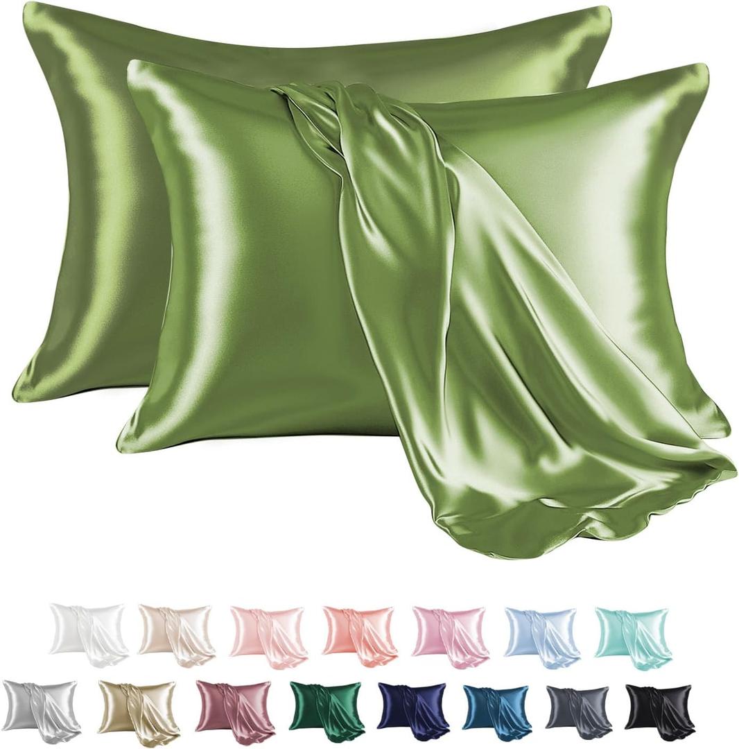 MR&HM Satin Pillowcase for Hair and Skin, Silk Satin Pillowcase 2 Pack, King Size Pillow Cases Set of 2, Silky Pillow Cover with Envelope Closure (20x36, Sage) (King(20"x36"), 21- Sage)