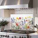 LMSDYSHU White background flowers Tempered Glass Backsplash for Kitchen,Frameless, Stove Backsplash Protector for Wall,Easy to Clean, Home Decor(30"x24"), Flowers