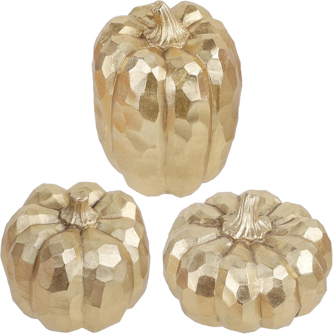 winemana 3 Pack Gold Pumpkins Thanksgiving Decorations- Fall Decor for Home, Table, Fireplace Mantel, Office, Elegant Decorative Pumpkin Autumn Indoor Decor